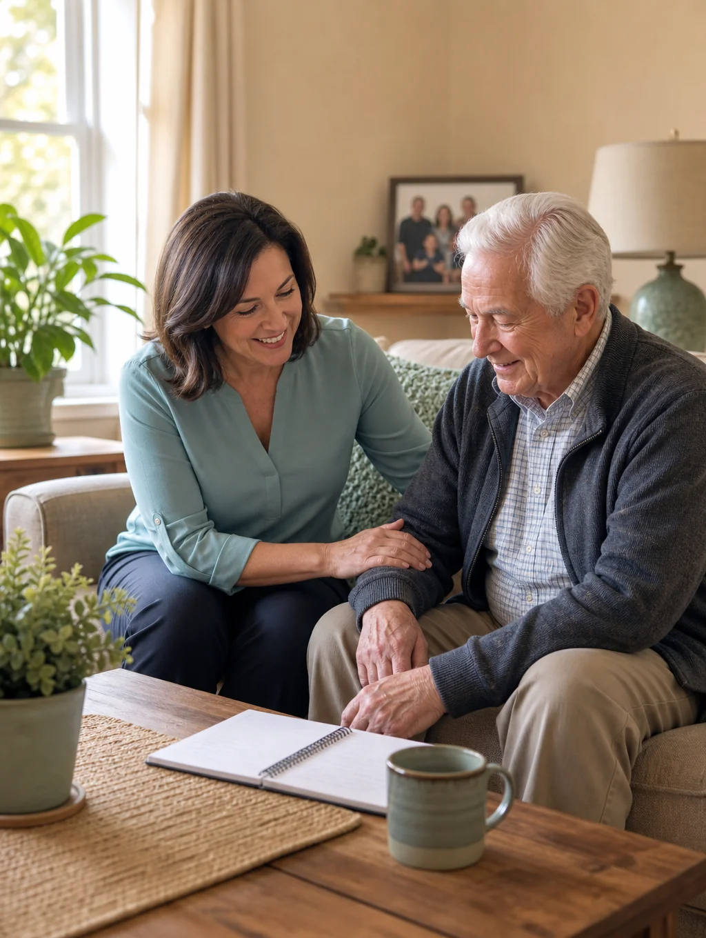 Caregiver and senior smiling while looking at a tablet