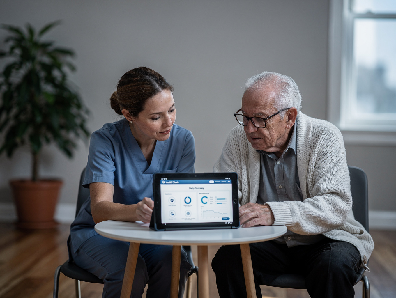 Caregiver and senior using a smartphone together