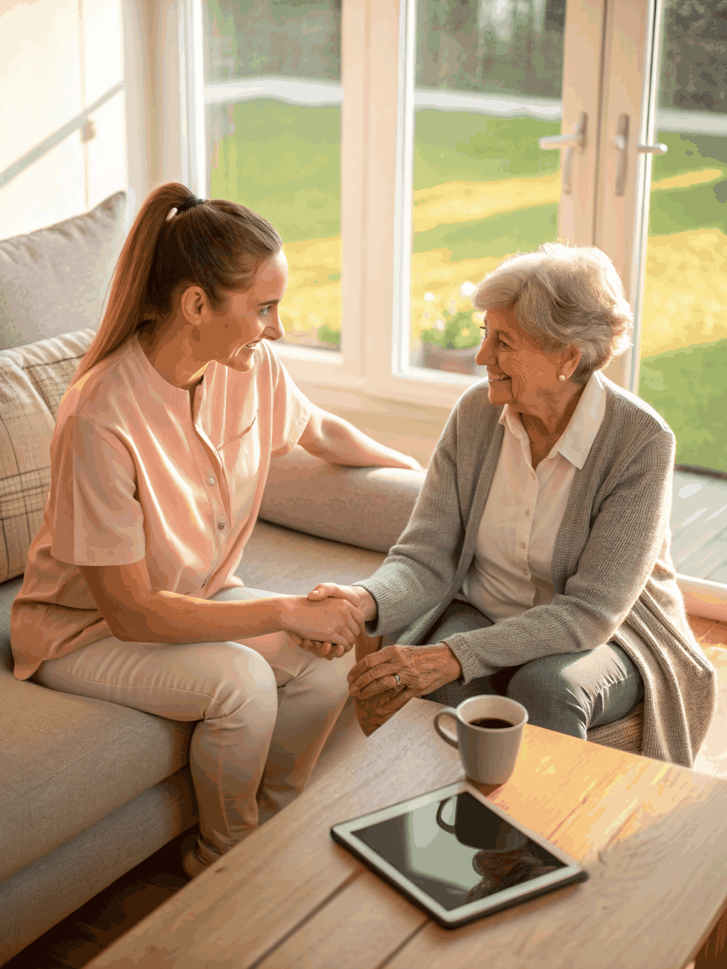 A caregiver and a senior sharing a warm, supportive moment using a smartphone