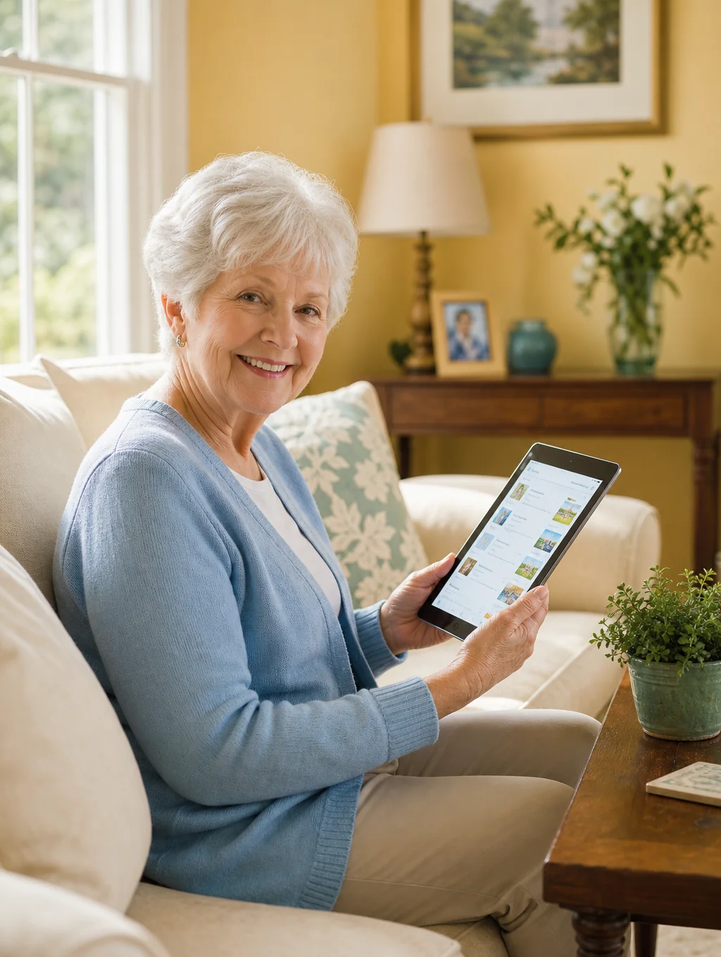 Senior and caregiver interacting with a tablet interface