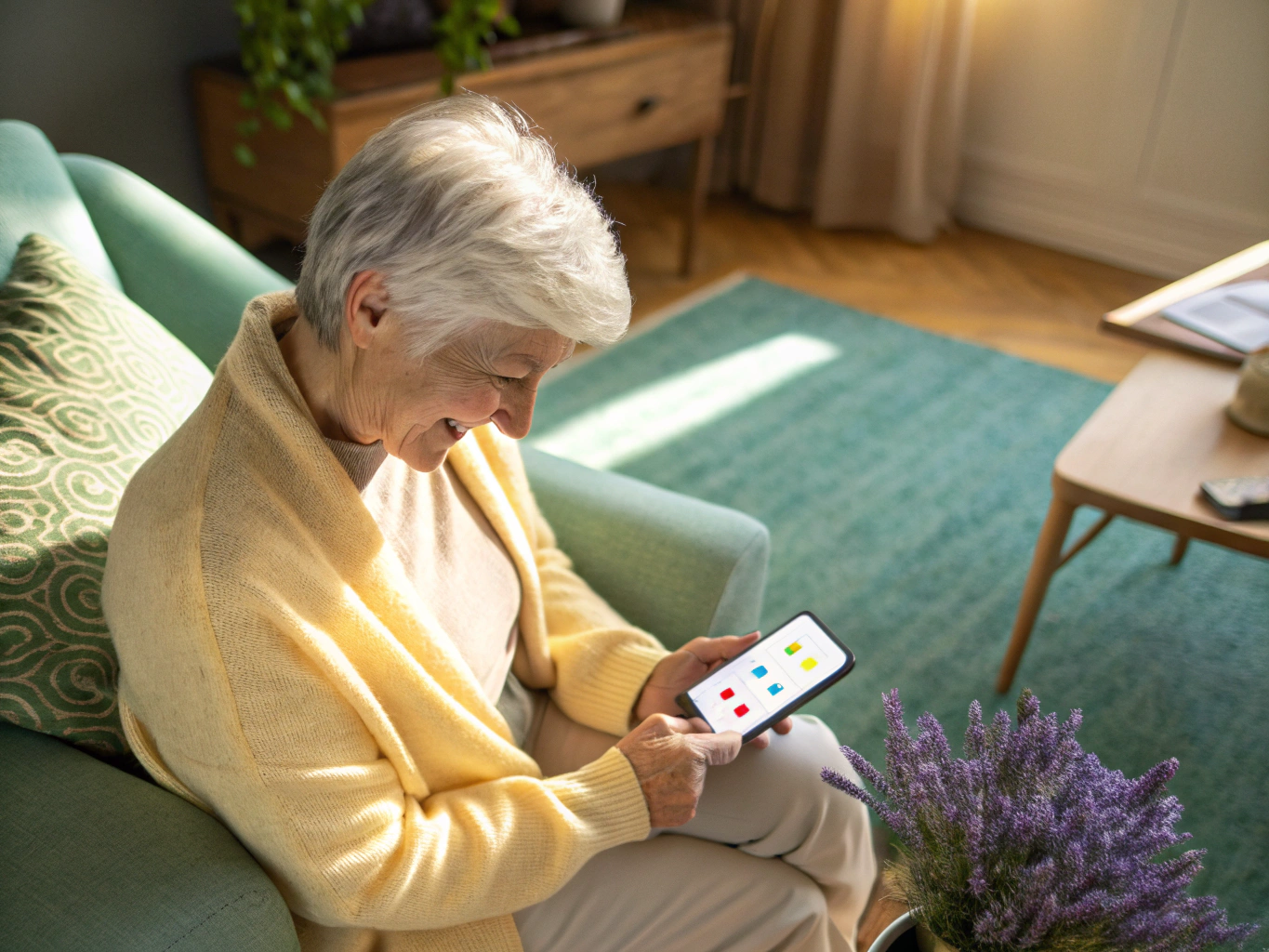 Senior using a simplified smartphone interface with caregiver support