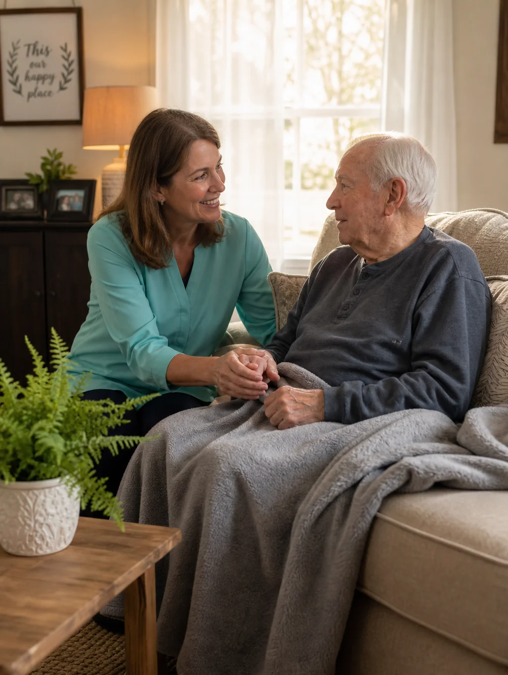 Caregiver and senior using a simplified smartphone interface together