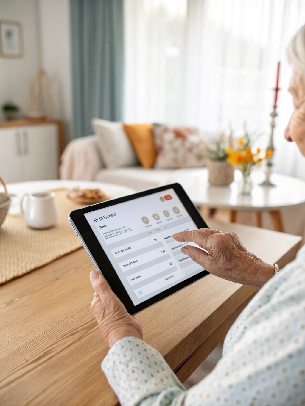 Senior using a simplified smartphone interface with large icons